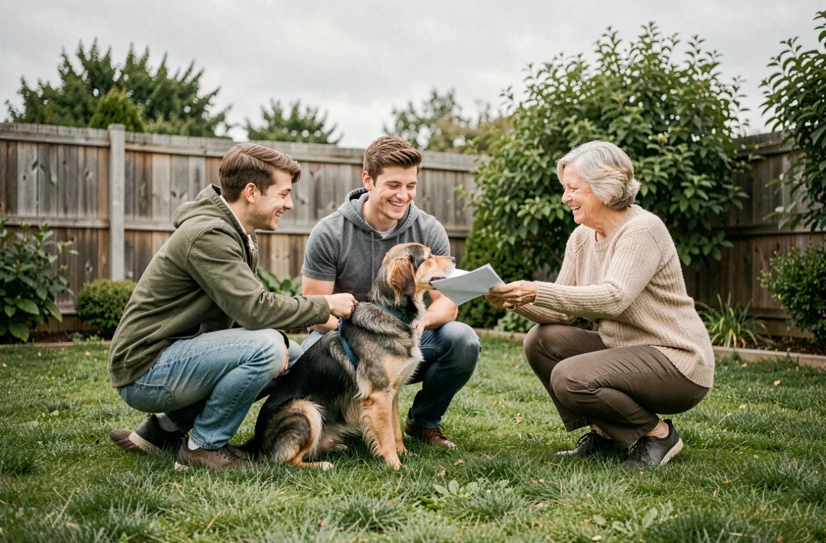 Couple recevant un chien adulte d'une femme âgée dans un jardin lors d'une donation avec certificat de cession