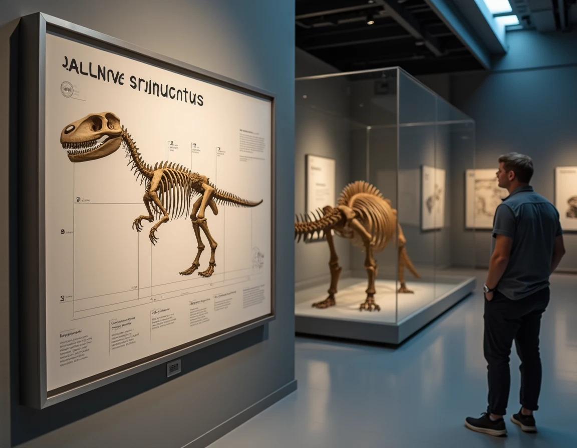 Panneau muséal du Dreadnoughtus montrant un schéma squelettique incomplet avec des lacunes importantes, illustrant le décalage entre son nom spectaculaire et la rareté des données fossiles