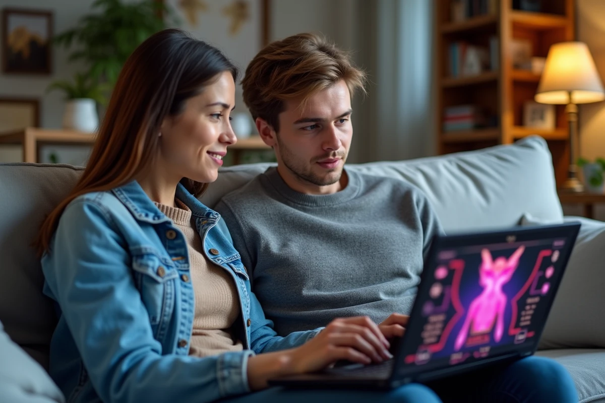 Deux joueurs adultes consultent ensemble un écran d'ordinateur portable avec la personnalisation d'un personnage de jeu fantastique