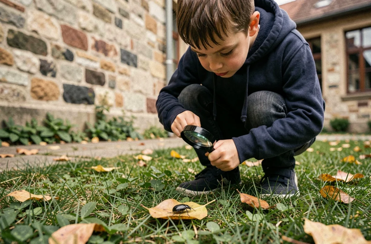 Écolier observant un insecte à la loupe dans une cour d'école, apprentissage de l'entomologie en plein air
