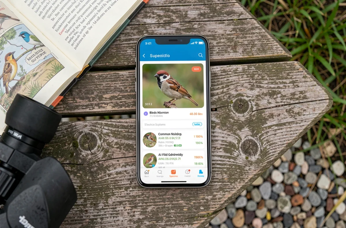 Écran de smartphone affichant une application de reconnaissance d'oiseaux avec scores d'identification par IA, guide ornithologique posé à côté