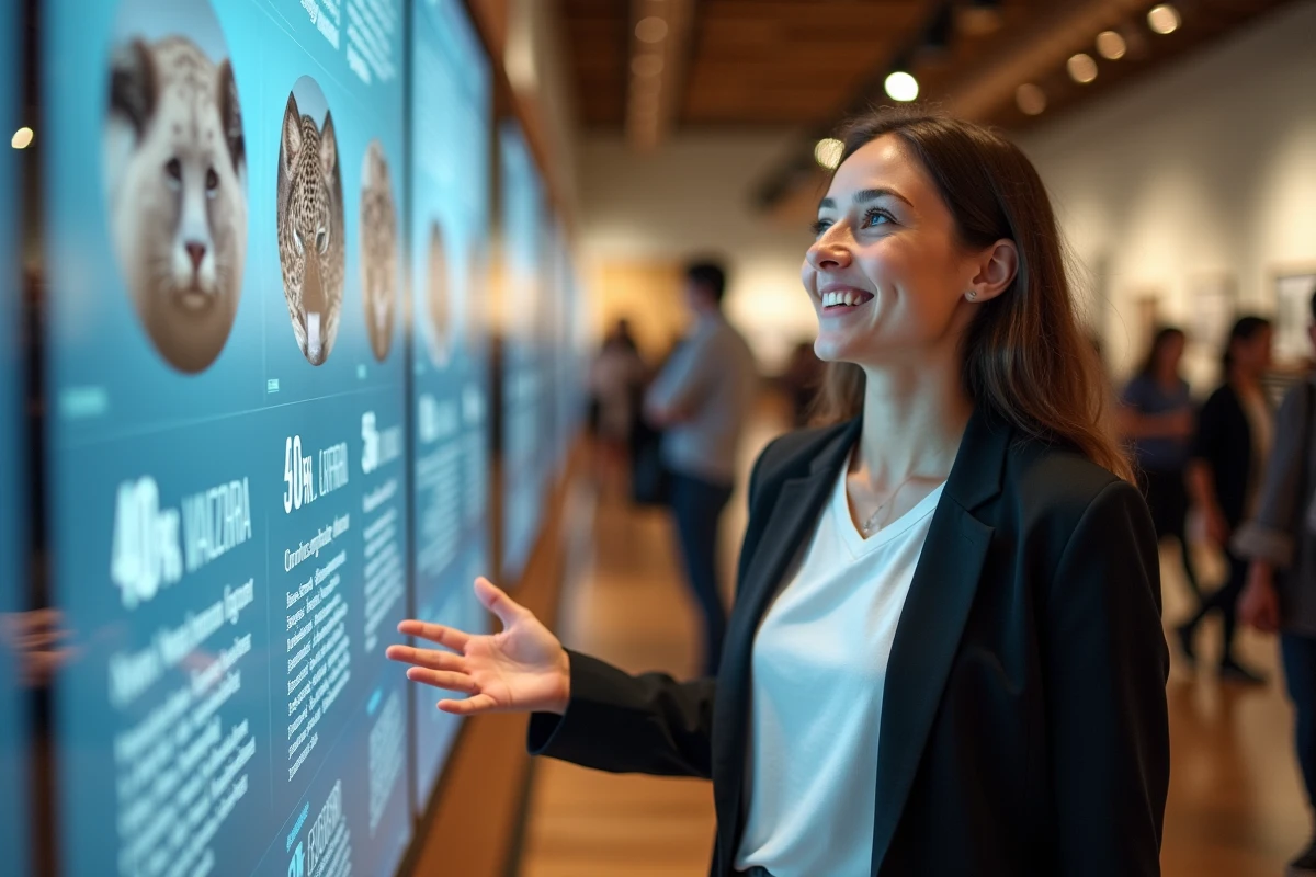Éducatrice en conservation devant un panneau d'exposition sur les animaux les plus rares du monde dans un musée d'histoire naturelle