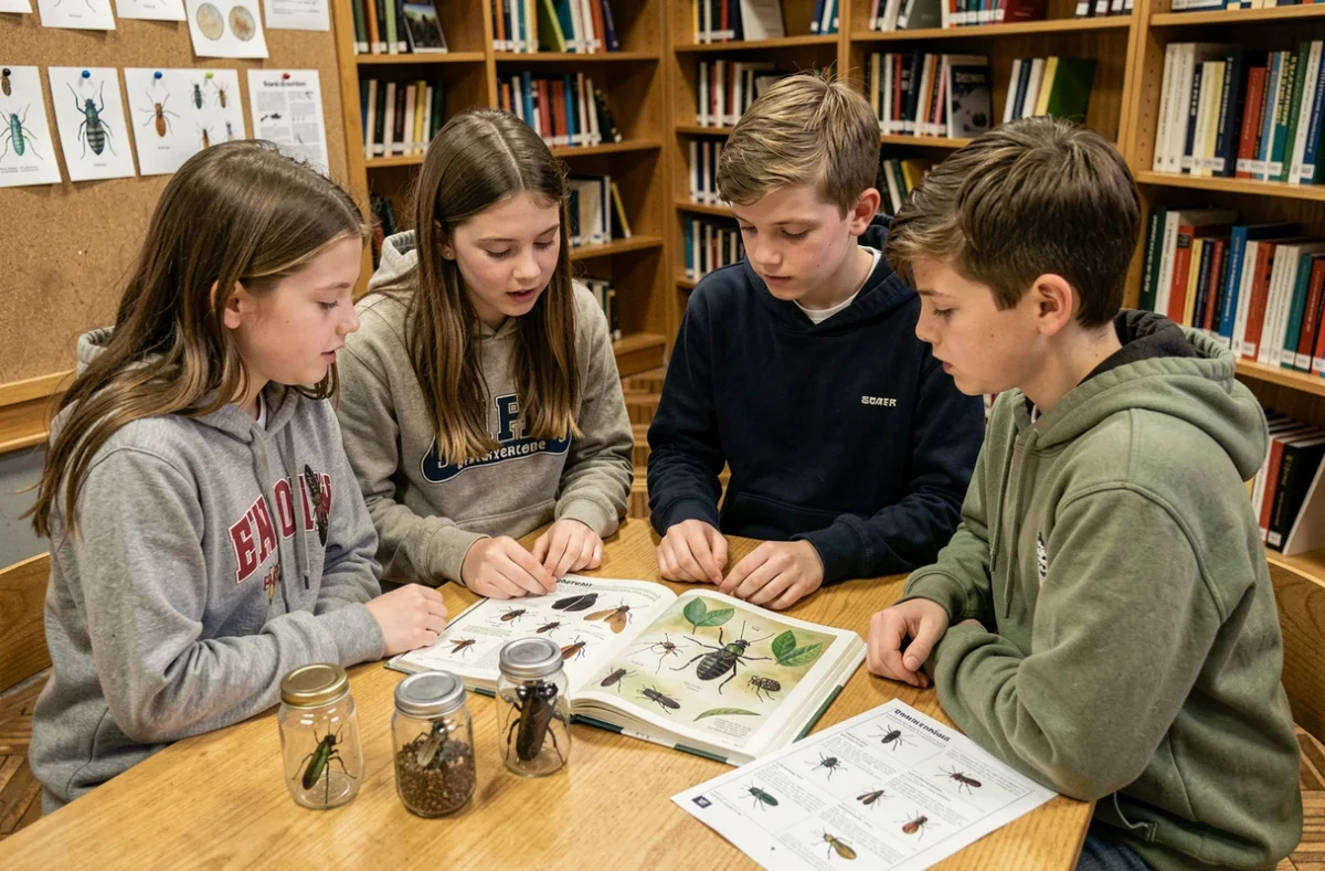 Groupe d'élèves de collège consultant un guide d'identification des insectes en bibliothèque scolaire, apprentissage collaboratif
