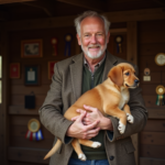 Eleveur de chiens dorés tenant un chiot dans un cadre rustique