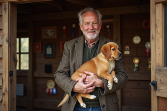 Eleveur de chiens dorés tenant un chiot dans un cadre rustique