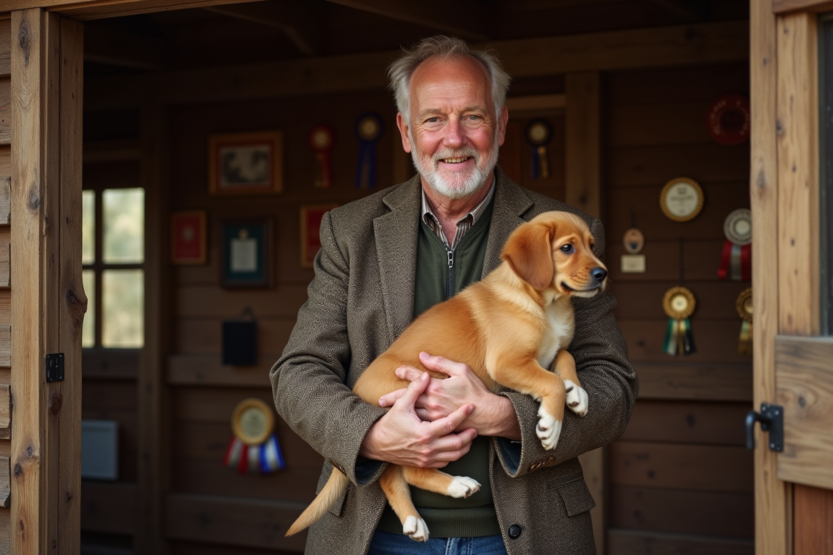 Eleveur de chiens dorés tenant un chiot dans un cadre rustique