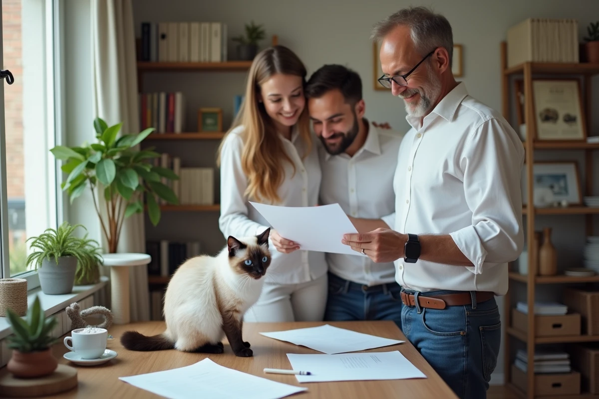 Eleveur montre un contrat à un couple avec un chat Birman