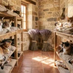 Chatterie provençale avec plusieurs chats de race dans une ferme en pierre des Bouches-du-Rhône