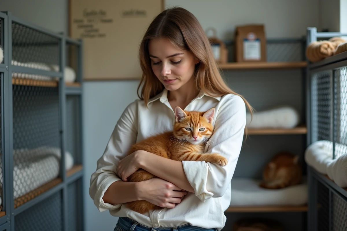 Éleveuse tenant un chaton roux poils longs dans un élevage félin en France