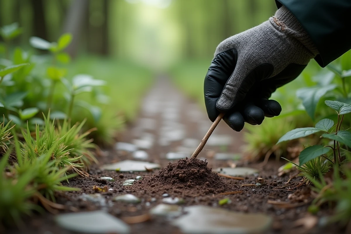 Main gantée pointant vers des excréments frais en forêt