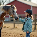 Jeune fille caressant le museau d'un cheval Appaloosa tacheté dans un paddock de ferme équestre
