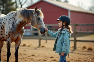 Jeune fille caressant le museau d'un cheval Appaloosa tacheté dans un paddock de ferme équestre