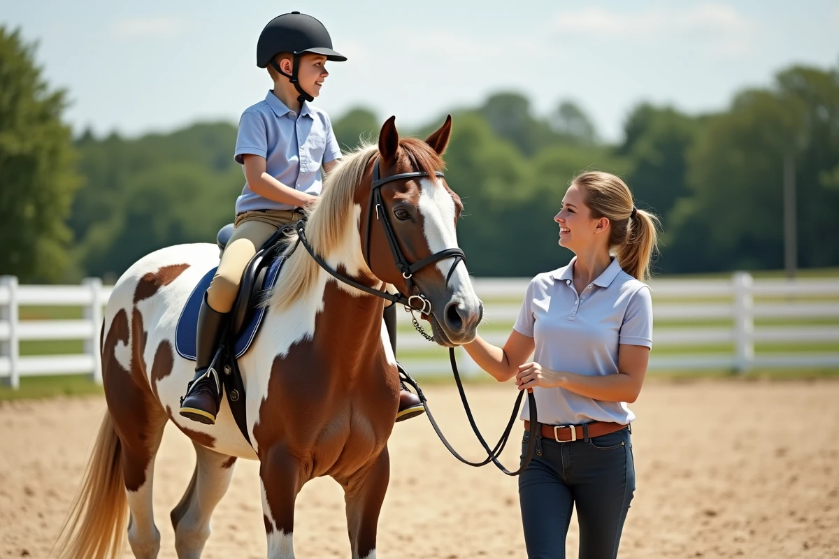 Enfant à cheval sur un Appaloosa lors d'une leçon d'équitation encadrée par une monitrice