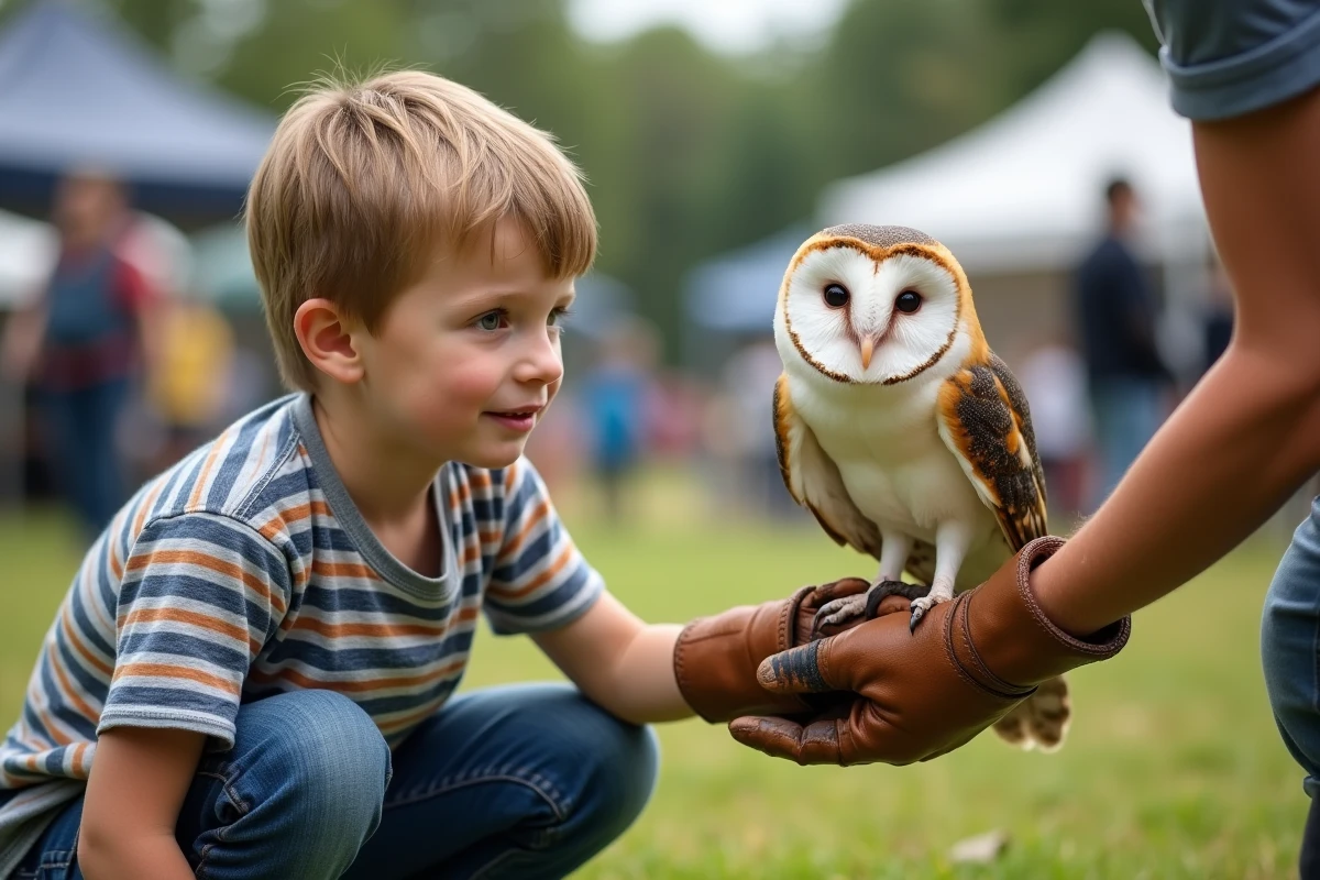 Enfant observant une chouette effraie tenue par un éducateur animalier lors d'une animation nature en plein air