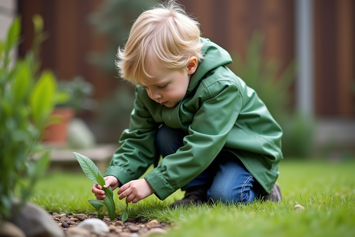 Jeune enfant observant un insecte vert dans le jardin