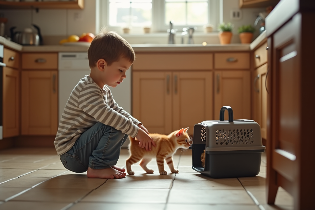 Garçon avec chaton orange dans la cuisine familiale