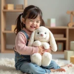 Petite fille souriante tenant un lapin en peluche Bunny Pal dans une salle de jeux colorée