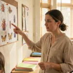 Enseignante pointant un poster d'insectes dans une salle de classe primaire, illustration de l'apprentissage de l'entomologie à l'école