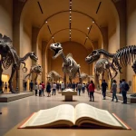 Vue panoramique d'un musée d'histoire naturelle avec des squelettes de dinosaures géants et des livres pour enfants au sol, illustrant les erreurs courantes dans la représentation des dinosaures