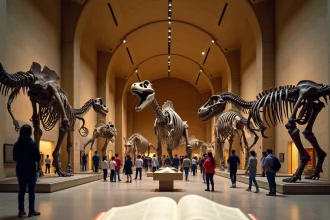 Vue panoramique d'un musée d'histoire naturelle avec des squelettes de dinosaures géants et des livres pour enfants au sol, illustrant les erreurs courantes dans la représentation des dinosaures