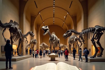 Vue panoramique d'un musée d'histoire naturelle avec des squelettes de dinosaures géants et des livres pour enfants au sol, illustrant les erreurs courantes dans la représentation des dinosaures