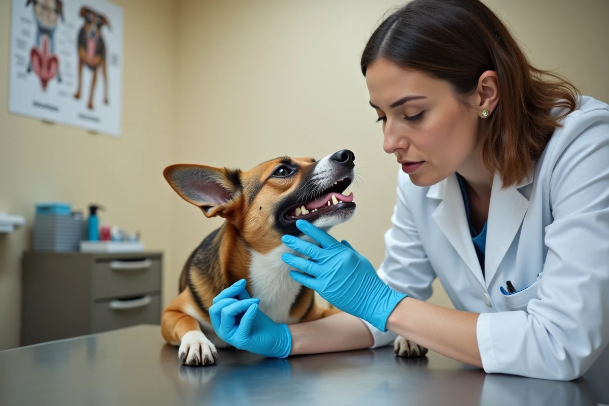 Vétérinaire examinant la mâchoire d'un chien en cabinet, évaluation de la pression et de la morphologie dentaire
