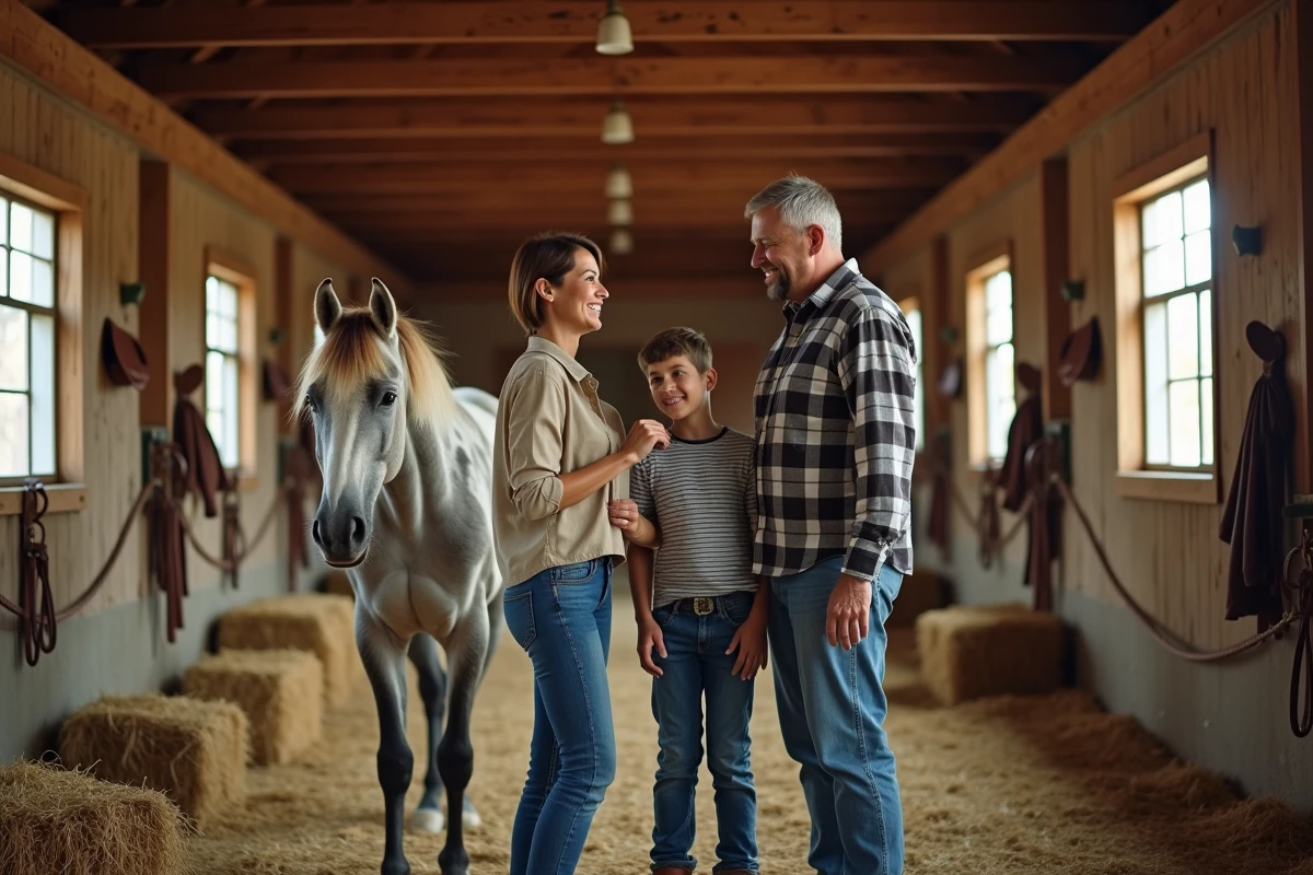 Famille avec enfant découvrant un cheval Appaloosa dans une écurie en bois