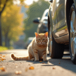 Famille soulagée retrouvant leur chat sous une voiture ensoleillée