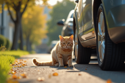 Famille soulagée retrouvant leur chat sous une voiture ensoleillée