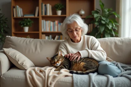 Femme caressant son chaton sur un canapé confortable