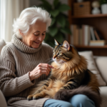 Femme agee caressant un chat longhair sur ses genoux
