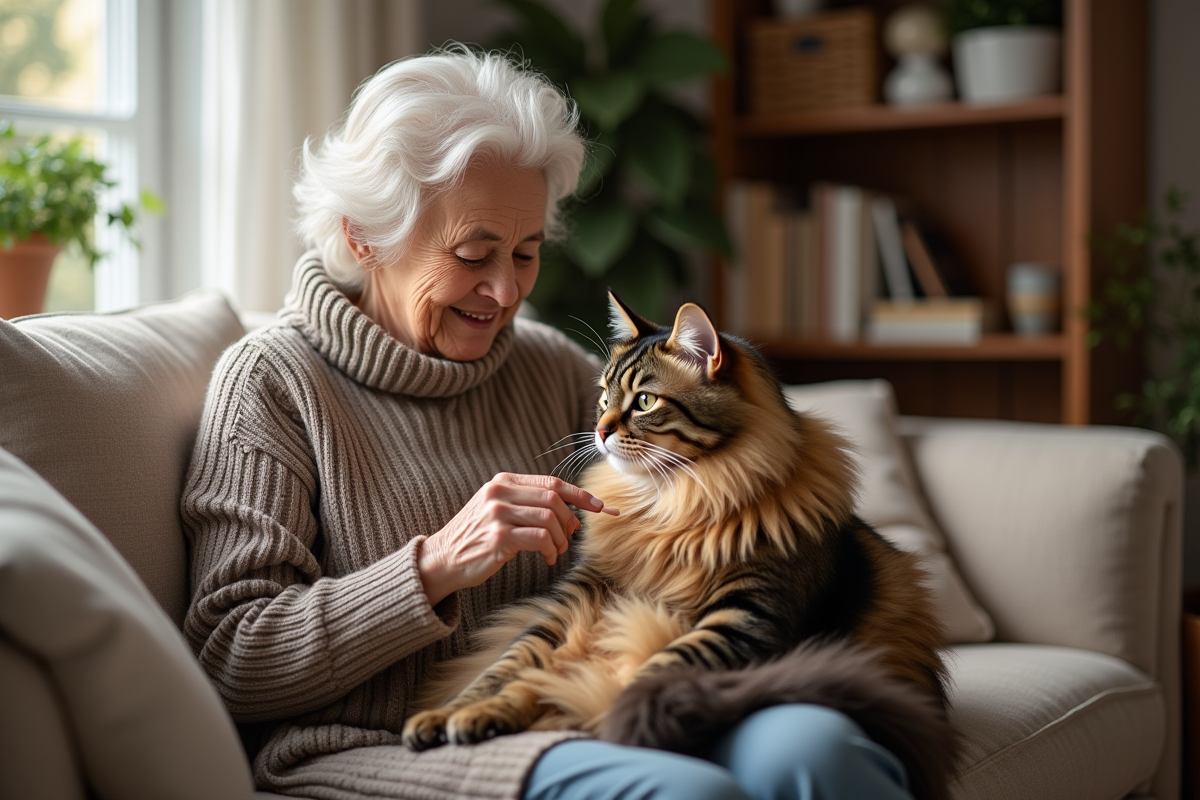 Femme agee caressant un chat longhair sur ses genoux