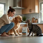 Femme compare deux sacs de nourriture pour animaux dans sa cuisine