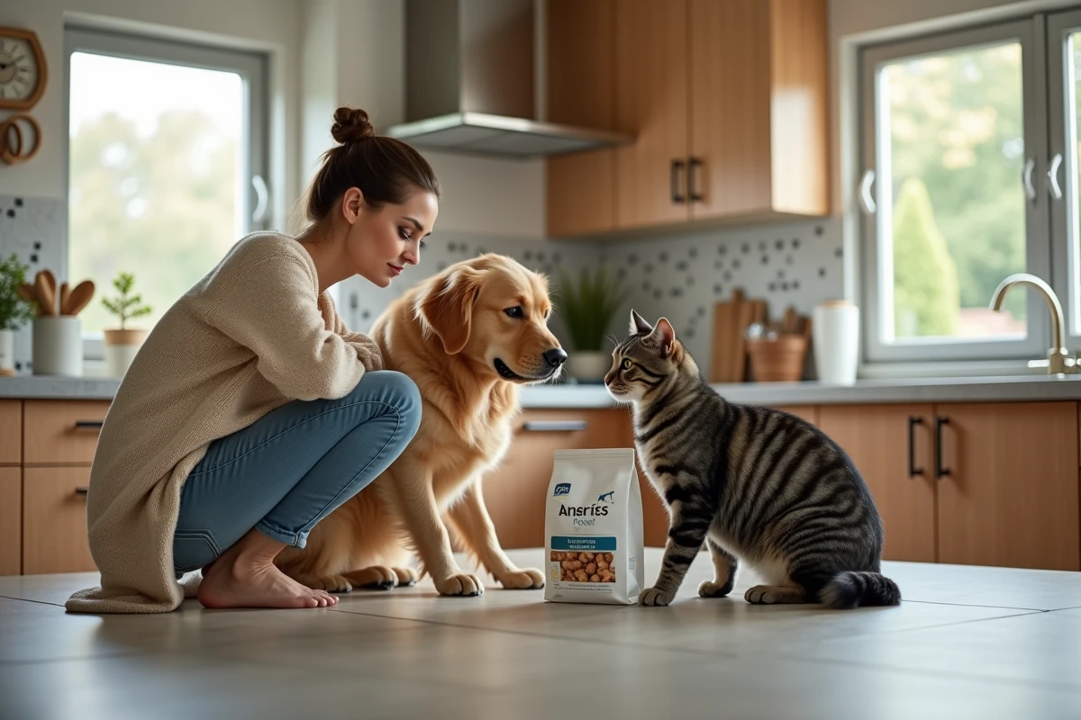 Femme compare deux sacs de nourriture pour animaux dans sa cuisine