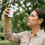 Femme utilisant une application de reconnaissance d'oiseaux sur smartphone dans un parc urbain