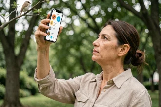 Femme utilisant une application de reconnaissance d'oiseaux sur smartphone dans un parc urbain