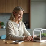 Femme en cardigan assemble une fourmiliere à la maison