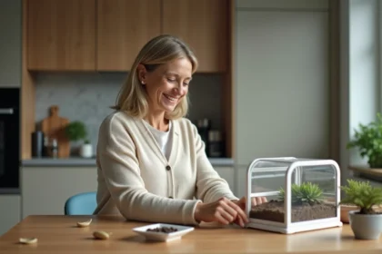 Femme en cardigan assemble une fourmiliere à la maison