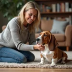Femme et jeune Basset Hound Griffon Vendéen dans un salon cosy