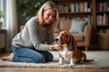 Femme et jeune Basset Hound Griffon Vendéen dans un salon cosy