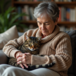 Femme en pull douillet avec chat tachete sur les genoux