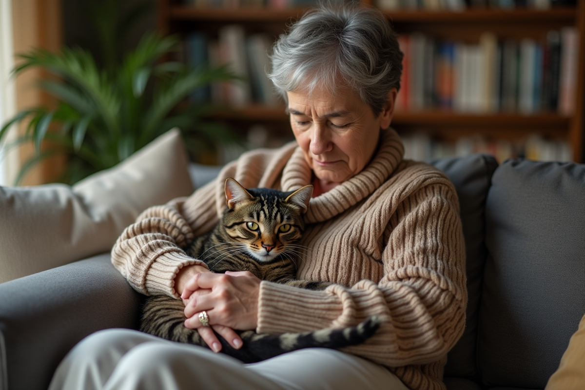 Femme en pull douillet avec chat tachete sur les genoux