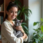 Jeune femme tenant un chat egyptien mau dans un intérieur chaleureux
