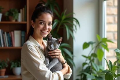 Jeune femme tenant un chat egyptien mau dans un intérieur chaleureux