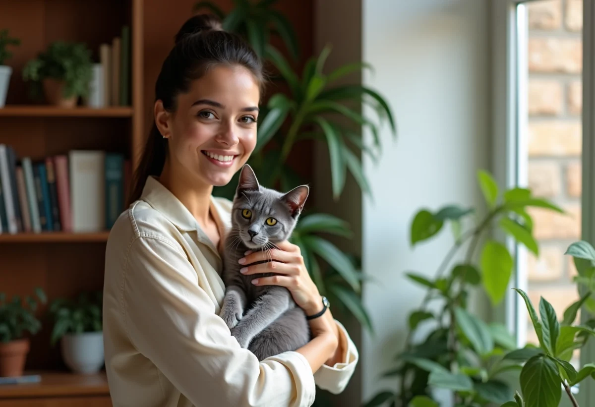 Jeune femme tenant un chat egyptien mau dans un intérieur chaleureux