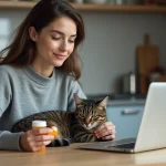 Jeune femme avec chat et médicament dans une cuisine moderne