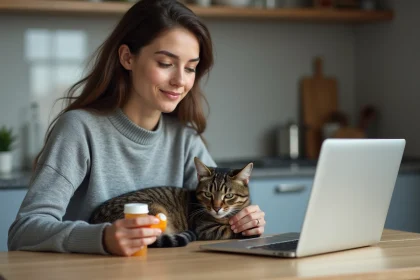 Jeune femme avec chat et médicament dans une cuisine moderne