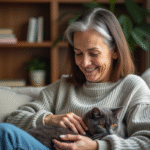 Femme souriante caressant un chat gris sur un canapé