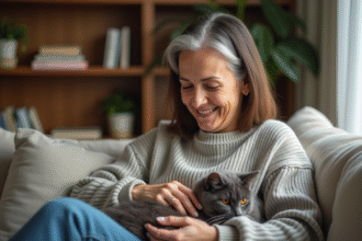 Femme souriante caressant un chat gris sur un canapé