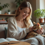 Femme assise avec un chat tabby sur les genoux dans un salon cosy